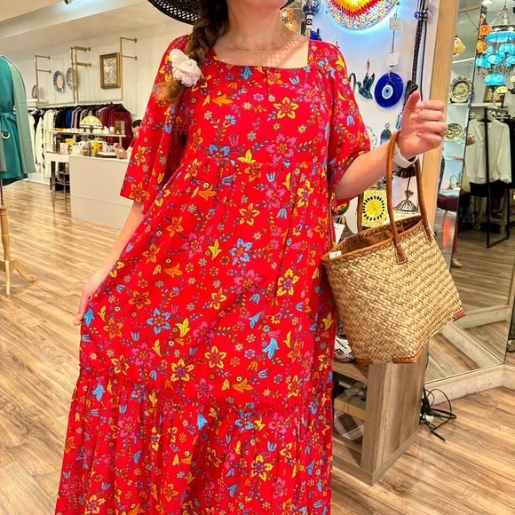 Cicek maxi red cotton dress, %100 cotton, cotton lined,